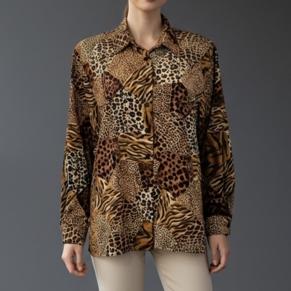 VTG BONWORTH Jungle Leopard Print Patchwork Button Down Mobwife Shirt